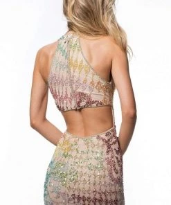 Sherri Hill - 52032 Beaded Deep Halter V-neck Dress With Open Back