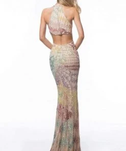 Sherri Hill - 52032 Beaded Deep Halter V-neck Dress With Open Back