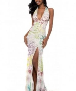 Sherri Hill - 52032 Beaded Deep Halter V-neck Dress With Open Back