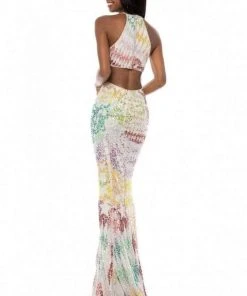 Sherri Hill - 52032 Beaded Deep Halter V-neck Dress With Open Back