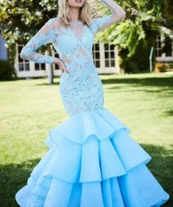 Sherri Hill - 52044 Lace Illusion Jewel Tiered Mermaid Dress 12 Sherri Hill - 52044 Lace Illusion Jewel Tiered Mermaid Dress