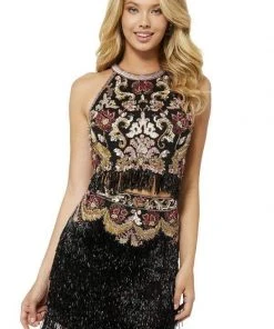 Sherri Hill - 52102 Two Piece Beaded Halter Fringe Sheath Dress