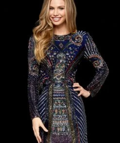 Sherri Hill - 52103 Beaded Long Sleeve Jewel Neck Fitted Dress