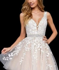 Sherri Hill - 52157 Beaded Lace Tulle V Neck A Line Short Dress