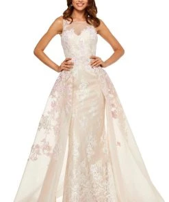 Sherri Hill - 52161 Floral Applique Bateau Dress With Overskirt