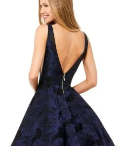 Sherri Hill - 52177 Deep V-neck Short Brocade A-line Dress