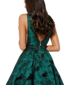 Sherri Hill - 52177 Deep V-neck Short Brocade A-line Dress