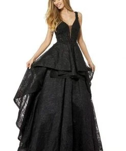 Sherri Hill - 52393 Beaded Lace Deep V-neck Layered Ballgown