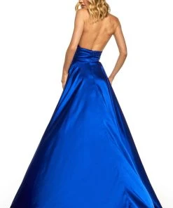Sherri Hill - 52408 Halter V-Neck Satin Dress With High Slit