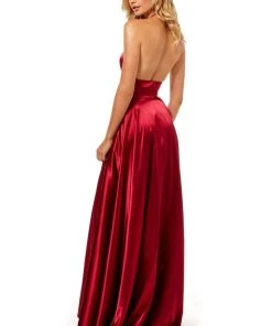 Sherri Hill - 52408 Halter V-Neck Satin Dress With High Slit