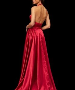 Sherri Hill - 52408 Halter V-Neck Satin Dress With High Slit