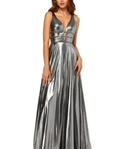Sherri Hill - 52421 Metallic V-Neck Long A-line Dress