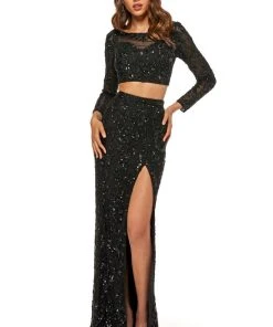 Sherri Hill - 52459 Beaded Long Sleeve Fitted High Slit Dress