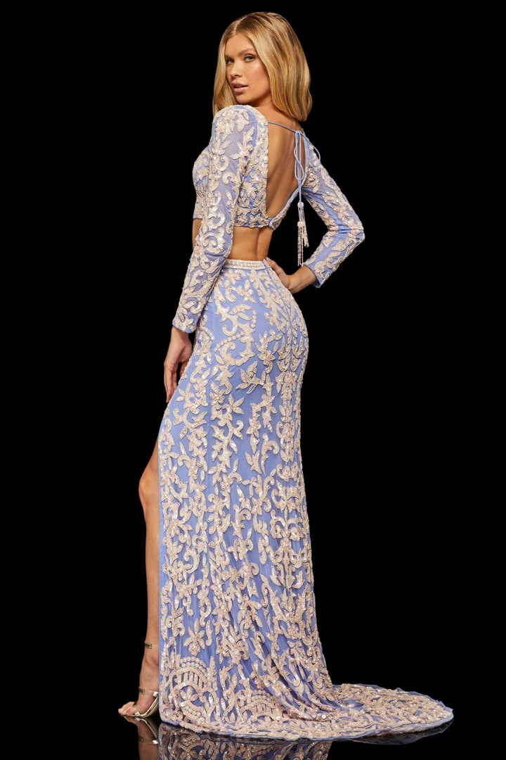 Sherri Hill - 52459 Beaded Long Sleeve Fitted High Slit Dress 8 Sherri Hill - 52459 Beaded Long Sleeve Fitted High Slit Dress