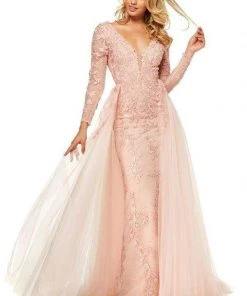 Sherri Hill - 52476 Applique Long Sleeve Deep V-neck Dress