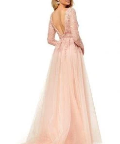 Sherri Hill - 52476 Applique Long Sleeve Deep V-neck Dress