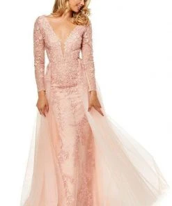 Sherri Hill - 52476 Applique Long Sleeve Deep V-neck Dress