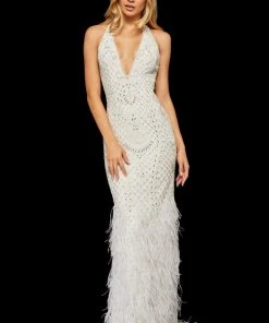 Sherri Hill - 52518 Beaded Deep Halter V-neck Feathered Sheath Dress