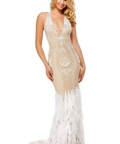 Sherri Hill - 52518 Beaded Deep Halter V-neck Feathered Sheath Dress