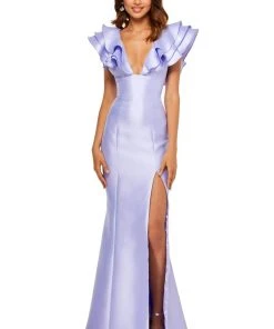 Sherri Hill - 52546 Ruffle Sleeves Plunging Neckline Mikado Gown