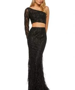 Sherri Hill - 52555 Single Shoulder Asymmetric Neck Feathered Dress 9 Sherri Hill - 52555 Single Shoulder Asymmetric Neck Feathered Dress