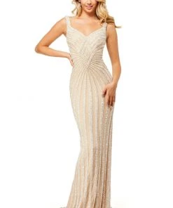 Sherri Hill - 52563 Beaded Plunging Lace Up Back Gown