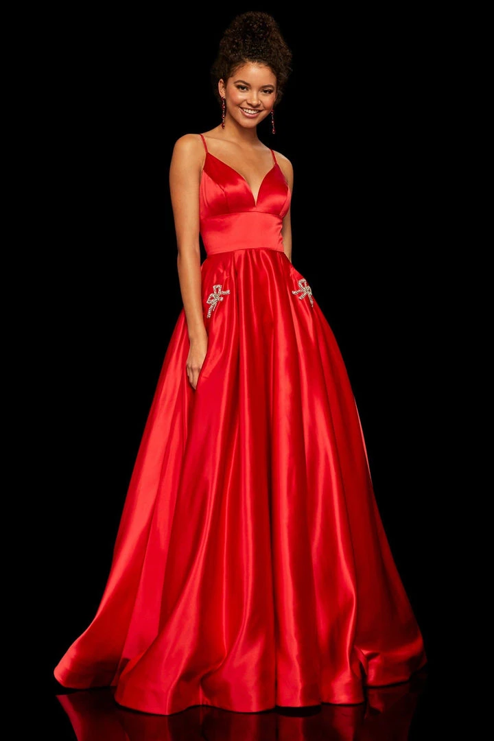 Sherri Hill - 52629 Satin Deep V- Neckline A Line Dress 6 Sherri Hill - 52629 Satin Deep V- Neckline A Line Dress