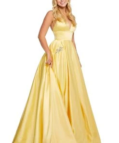 Sherri Hill - 52629 Satin Deep V- Neckline A Line Dress 29 Sherri Hill - 52629 Satin Deep V- Neckline A Line Dress