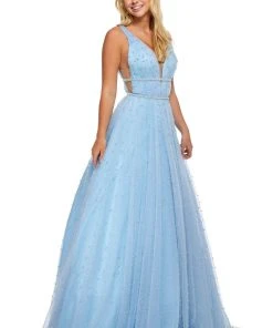 Sherri Hill - 52640 Glitter Chiffon Deep V-neck A-line Dress