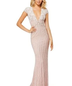 Sherri Hill - 52685 Beaded Deep V-neck Sheath Dress With Train