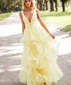 Sherri Hill - 52691 Ruffled Plunging V-Neck Empire Ballgown