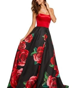 Sherri Hill - 52722 Strapless Satin And Floral Print A-line Dress