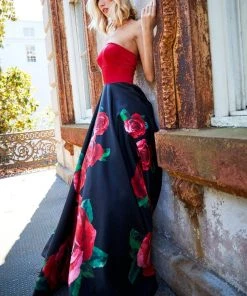 Sherri Hill - 52722 Strapless Satin And Floral Print A-line Dress