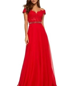 Sherri Hill - 52729 Lace Off The Shoulder Chiffon A-line Dress