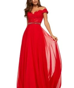 Sherri Hill - 52729 Lace Off The Shoulder Chiffon A-line Dress