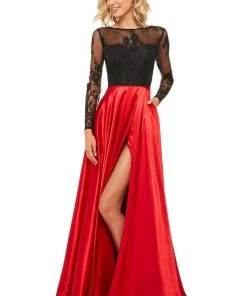 Sherri Hill - 52765 Lace Long Sleeve Bateau Charmeuse A-line Dress