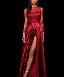 Sherri Hill - 52765 Lace Long Sleeve Bateau Charmeuse A-line Dress