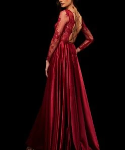 Sherri Hill - 52765 Lace Long Sleeve Bateau Charmeuse A-line Dress