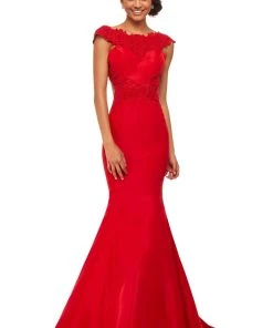 Sherri Hill - 52772 Lace Bateau Neck Mermaid Dress With Train