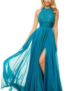 Sherri Hill - 52817 Lace Appliqued High Slit Chiffon Gown