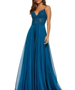 Sherri Hill - 52818 Long Appliqued Illusion Midriff Chiffon Dress