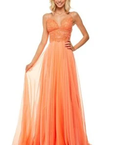 Sherri Hill - 52818 Long Appliqued Illusion Midriff Chiffon Dress