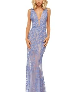 Sherri Hill - 52820 Lace Appliqued Pipe Waist Sheer Gown