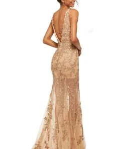 Sherri Hill - 52820 Lace Appliqued Pipe Waist Sheer Gown
