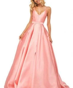 Sherri Hill - 52821 Satin Lace-Up Back V- Neckline A Line Dress