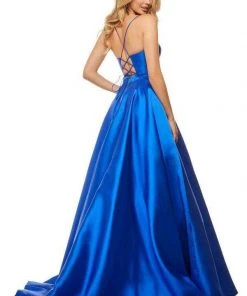 Sherri Hill - 52821 Satin Lace-Up Back V- Neckline A Line Dress 11 Sherri Hill - 52821 Satin Lace-Up Back V- Neckline A Line Dress