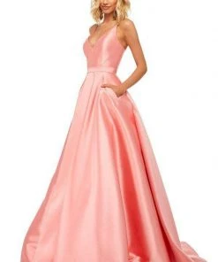 Sherri Hill - 52821 Satin Lace-Up Back V- Neckline A Line Dress 9 Sherri Hill - 52821 Satin Lace-Up Back V- Neckline A Line Dress