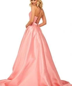 Sherri Hill - 52821 Satin Lace-Up Back V- Neckline A Line Dress 8 Sherri Hill - 52821 Satin Lace-Up Back V- Neckline A Line Dress