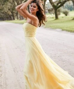 Sherri Hill - 52822 Strapless Chiffon A-Line Gown With Lace Appliques