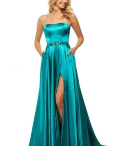 Sherri Hill - 52841 Strapless High Slit Charmeuse A Line Dress